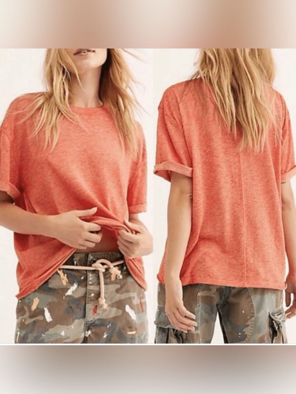 Relaxed We The Free Heathered Coral Rolled Sleeve Boxy Fit Short Sleeve Crew Tee